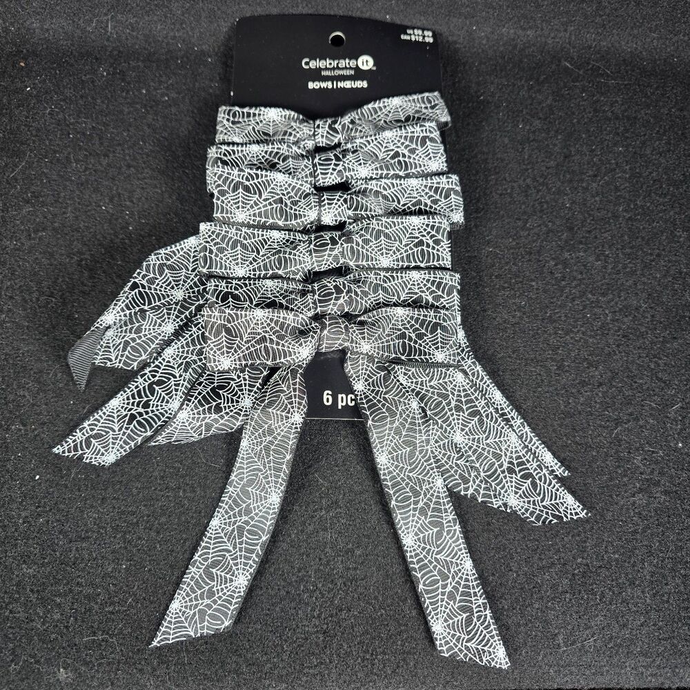 Celebrate It Halloween Spider Web Bows Black White Ribbon Spooky Decor 6 Pc